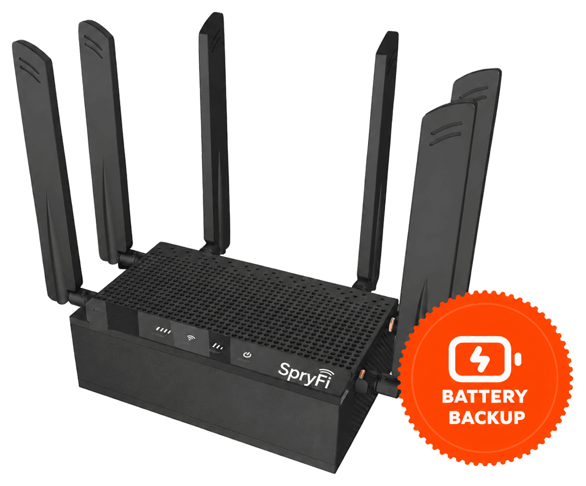 SpryFi router with battery backup badge